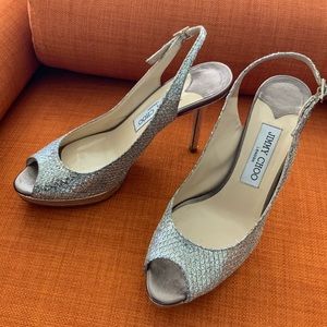 Jimmy Choo Silver and Gold Peep-Toe Slingback Heels